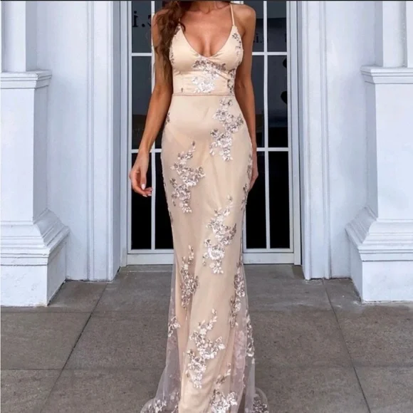 Dresses | Cream Maxi With Sequins Dress | Poshmark
